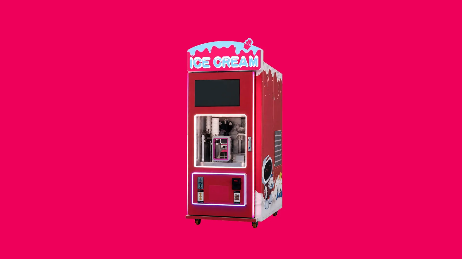 Der AI85 Softeis-Automat in Dreiviertelansicht: Leuchtkrone mit ICE-CREAM-Schriftzug, Touch-Bestelldisplay, beleuchtete Zubereitungskammer mit der Robotik im Inneren, Zahlungsblende mit Münz- und Banknotenmodul, Rollen am Sockel