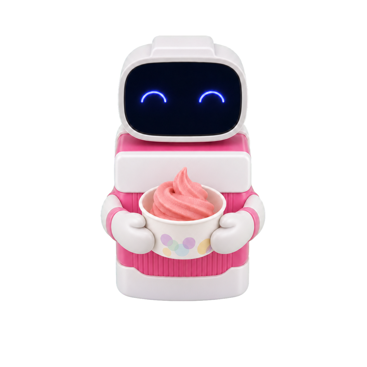 Der kleine weiße AI85-Roboter mit dunklem Gesicht, leuchtend blau-violetten Augen, rosafarbenen Akzenten und einem gefüllten Eisbecher in den Händen – redaktionelle Visualisierung.